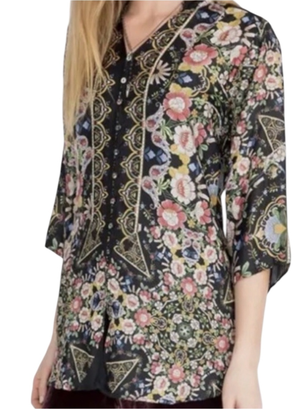 Johnny Was Corbin 100% Silk Floral Button Down Blouse Tunic XS